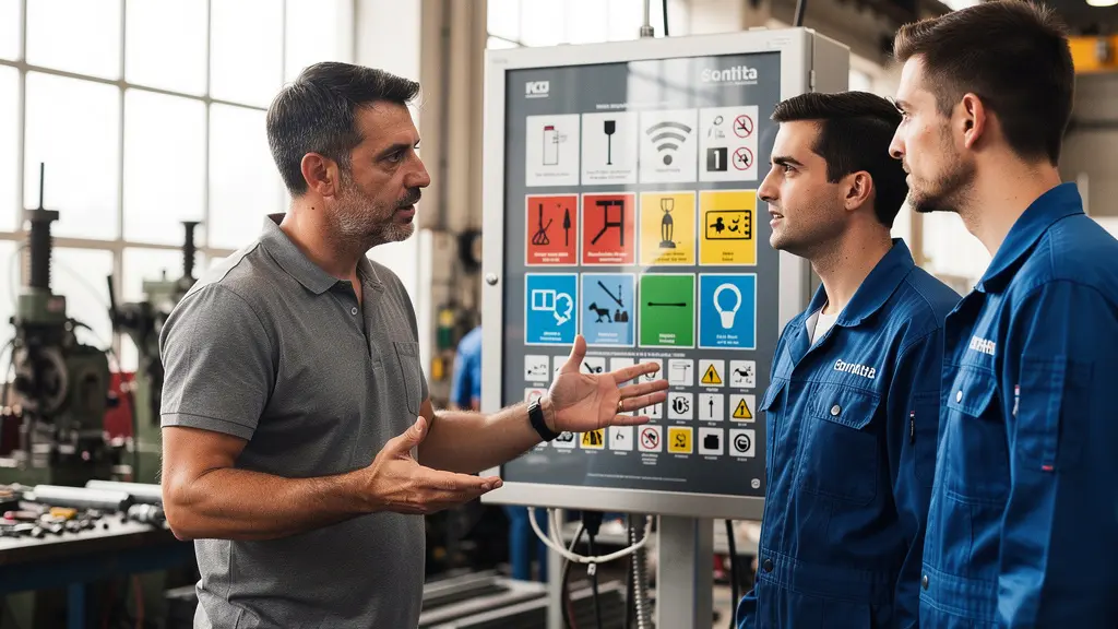 Formateur SST expliquant des consignes de sécurité à deux techniciens en combinaison dans un atelier industriel