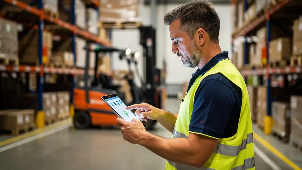 Opérateur en EPI consultant une tablette de formation dans un entrepôt logistique