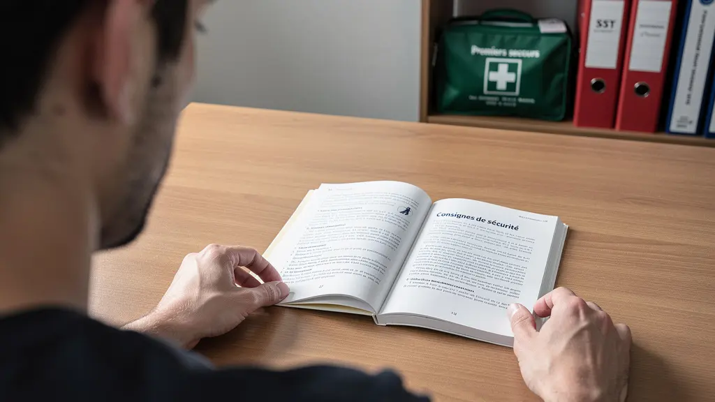 Responsable formation consultant un livret de sécurité au travail à son bureau