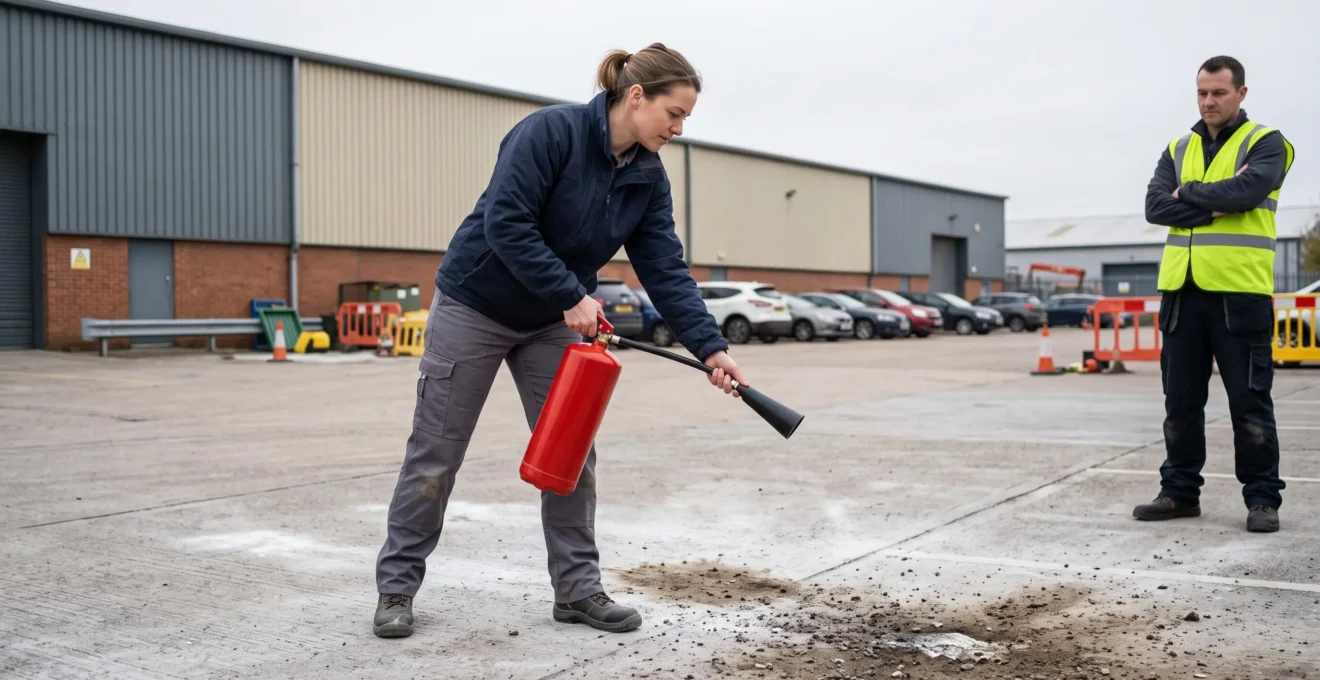 Une salariée utilise un extincteur lors d'un exercice pratique de formation incendie en extérieur, sous la supervision d'un formateur
